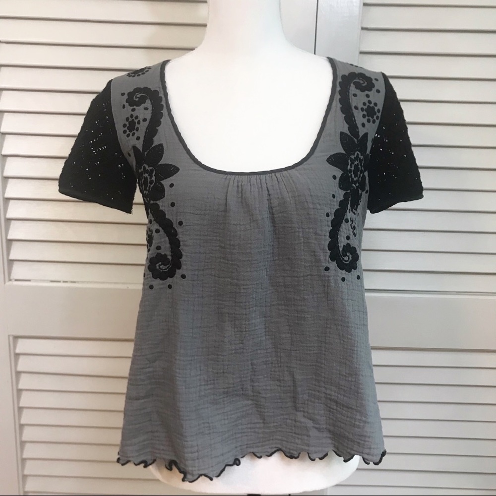 Manoush gray short sleeve black embroidery crochet cotton blouse shirt